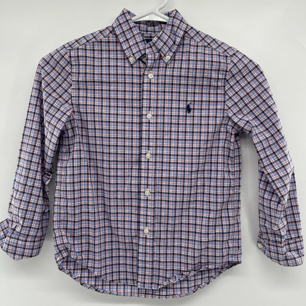 Ralph‎ Lauren Kids Plaid Button Down Shirt Natural Stretch Cotton Size 6